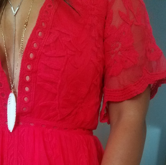 BOHO RED EMBROIDERED MAXI ROMPER DRESS - Picture 6 of 8